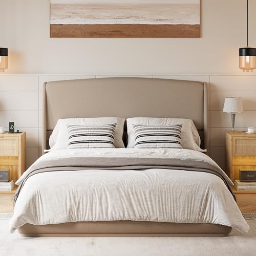 RuiSiSi Queen Size Upholstered Bed with Wingback Headboard, Low Profile Linen Fabric Platform Bed Frame, Strong Wood Slats, No Box Spring Needed, Easy Assembly, Brown - color: Brown