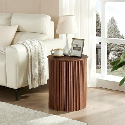 Round Fluted Side Table Set of 2, 17.7" Mid-Century Modern End Tables, Wooden Bedside Table Round Nightstand Small Circle Sofa Accent Table for Living Room, Bedroom Home(Walnut) - color: Walnut, size: 17.7"D x 17.7"W x 21.6"H