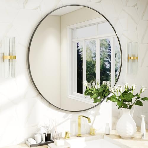 BEAUTYPEAK 20 Inch Round Mirror, Metal Frame Circle Mirror, Black | Wall Mounted for Entryway, Bathroom, Vanity, Living Room - color: Black, size: 20"L x 20"W