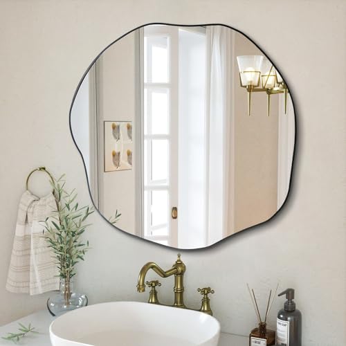 POZINO Scalloped Irregular Mirror, 30" Asymmetrical Decorative Accent Mirror for Wall, Black Wavy Rounded Frameless Mirrors for Entryway Fireplace Living Room Bedroom, Horizontal or Vertical Hanging - color: Black, size: 30"L x 30"W