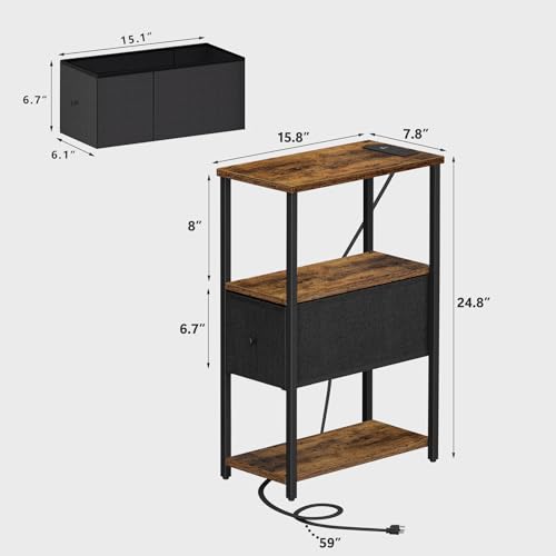 TUTOTAK Small Narrow LED End Table with Charging Station, Set of 2 | Side Table with Outlets, Nightstand with Cloth Drawer, Couch Table for Living Room, Bedroom, Brown and Black TB01BB059K - color: Brown and Black, style: 1 Drawer with Plug & Light