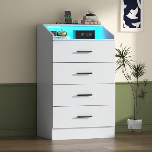 4 Drawer Dresser for bedroom with LED, Modern Dresser with Power Outlet | White Dressers with Open Storage Cubby, Chest of Drawers Storage Organizer for Bedroom, Hallway, Living Room - color: 4 Drawer-white