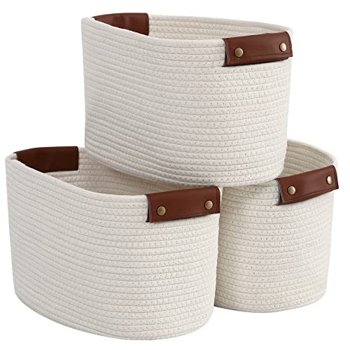 3 Pack Woven Cotton Rope Storage Basket, 15x10x9, Cream | Faux Leather Handles; Decorative Closet Shelf Organizer; Ideal for Storage & Organization - color: Cream