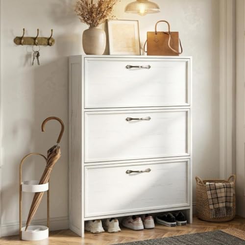 Garvee 3 Flip Drawers Shoe Cabinet with Adjustable Shelf & Anti-Tipping Kit | 3 Flip Drawers with Adjustable Shelf, Bottom Shelf for Shoes, Distressed White, Hallway/Entryway Shoe Cabinet - color: Distressed White, size: 3 Drawers