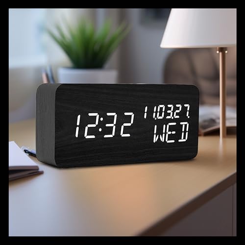 Wood Digital Alarm Clock Desk Time, Date(MM/DD/YY), Day of The Week, Temperature, Nightlight Large LED Display Portable Lamp Bedroom, Office, School, Home, Livingroom, Room (Black) - color: Black