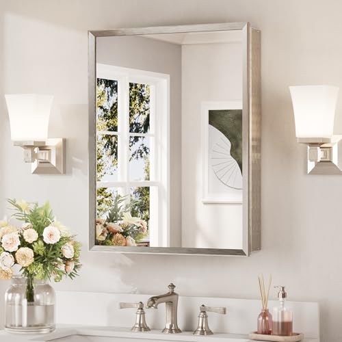 Keonjinn Bathroom Medicine Cabinet with Mirror 20 x 26 Inch, Brushed Nickel | Assembly Needed, Stepless Adjustable Shelves, Wall-Mounted or Recessed, Lightweight Aluminum, Rust-Resistant, Tempered Glass - color: Brushed Nickel, size: 20x26 In