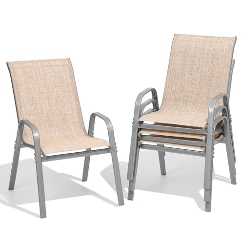 Patio Chairs Set of 4, All Weather Outdoor Dining Chairs | Stackable Dining Furniture Set, Breathable, High Back, Lawn, Garden, Backyard, Poolside Furniture - color: Beige