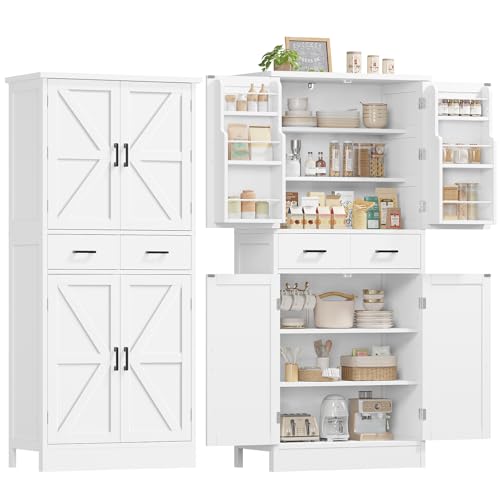 Farmhouse Pantry Cabinet, 66.9″H Tall Kitchen Storage Cabinet with Barn Doors, Adjustable Shelves & Drawer, Freestanding Cupboard for Kitchen, Dining Room, Living Room, Bathroom, White - color: White, Door Shelves