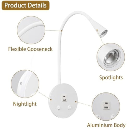 White Headboard Reading Light, 2 Pack Led Wall Mounted Book light, Bedroom Reading Lamp, USB Output, Night Light & Switch, Wall Sconce for Bedtime Reading, Gooseneck Headboard Bed Lights Wall Sconce - color: White-2 Pack
