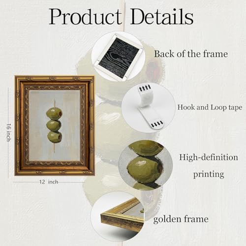 Gold Framed Wall Art Vintage Dirty Martini Olives Wall Art Retro Green Olives Cocktail Bar Cart Wall Decor Picture Summer Trendy Minimalist Kitchen Poster Print for Living Room Dining Room 12x16in - color: Martini Olives, size: 16"l X 12"w