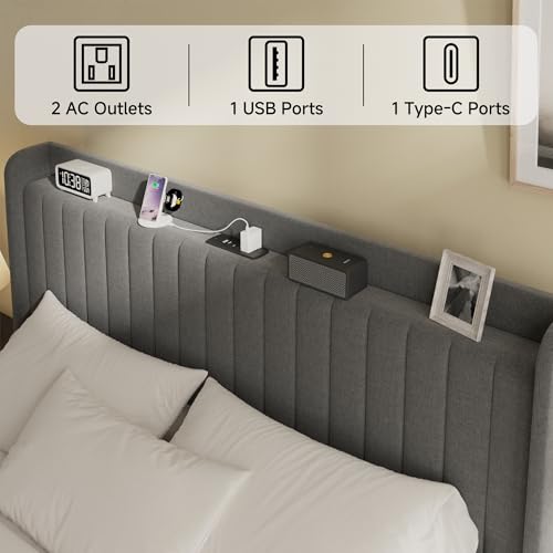 Full Linen Bed Frame with Storage Headboard & Charging Station | Vertical Channel Tufted, Mattress Non-slip Design, No Box Spring Needed, Noise-Free, Easy Assembly, Sturdy, Wingback - color: Grey, size: Full