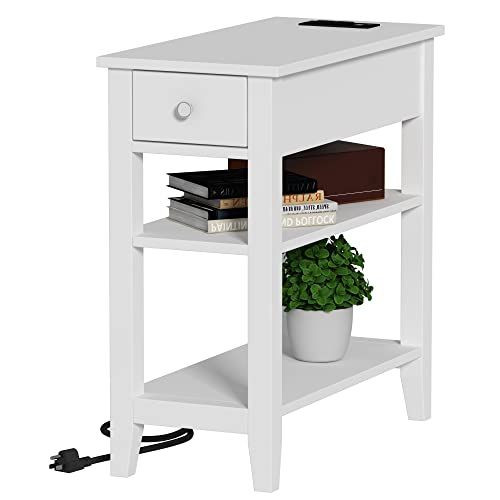 ChooChoo Narrow End Table with Charging Station and Drawer | Narrow End Table, 3-Tier Sofa End Table, Small Space, White - color: White