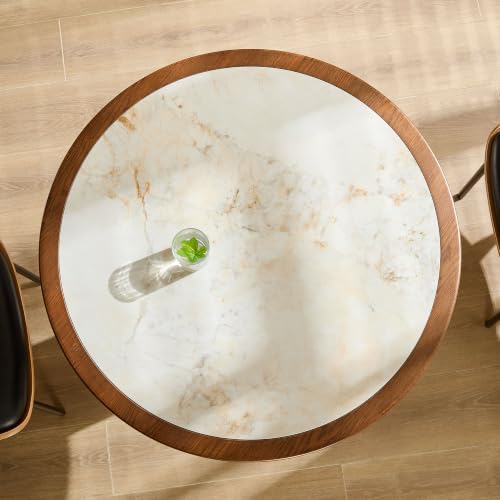 33.07 inch Mid-Century Round Dining Table for 2-4 People, 9mm Sintered Stone Recessed Tabletop, Solid Wood Reinforced MDF Frame, Compact Circular Bistro Table for Kitchen Dining Room - color: 33.07 Inch Walnut