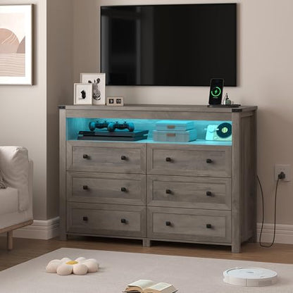 Grey Dresser 6 Drawer Dressers for Bedroom with LED Lights, Charging Station, Wood Chest of Drawers with Metal Handles, Modern TV Stand Storage Cabinet for Living Room, Hallway, Entryway, Gray - color: Grey, style: LED 6 Drawers