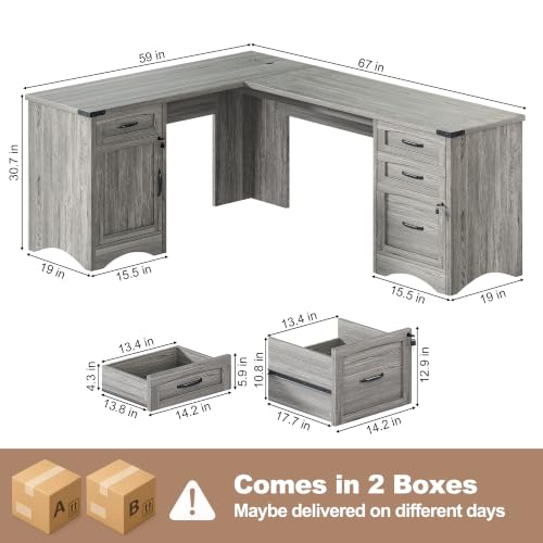Decofy 67" L-Shaped Standing Desk, File Cabinet & Charging Station, Grey | Four Drawers, File Cabinet, Farmhouse Corner Desk, Wood Workstation, Grey Finish, For Home Office, Study and Writing - color: Grey