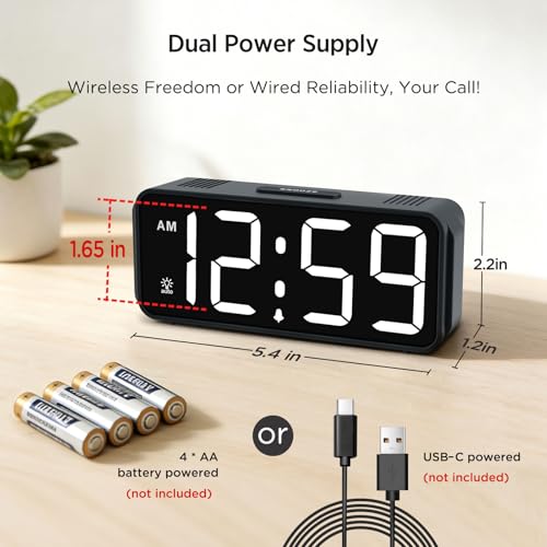 Peakeep Small Digital Alarm Clock Battery Operated for Bedrooms Travel | 1.65" Numbers Large Display Cordless Bedside Clock for Seniors Elderly, Auto Manual Dimmers, 5 Levels Volume - color: White Digits