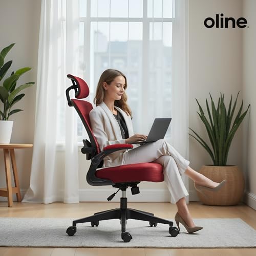 Oline ErgoAir Ergonomic Office Chair – Adjustable Lumbar Support, Flip-Up Armrests, Mesh Computer Desk Chair, Swivel Rolling Executive Gaming Chair for Home & Office (Red) - color: Red
