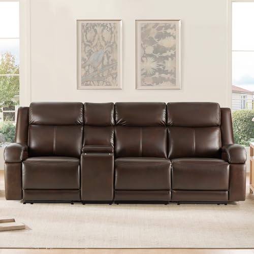 Watson & Whitely Wall Hugger Power Reclining Sofa with Console, Brown | Genuine Leather Recliner Sofa, Power Headrests, Center Storage Console, Cup Holders, 3-Seater Couch, Living Room & RV - color: Dark Brown, style: 3 Seater Sofa (with console)
