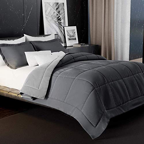 3 Pc Lightweight Reversible Comforter Set 400 TC All Season Down Alternative Duvet Insert- 1 Reversible Comforter with 2 Sham (Queen, Light Gray/Gray)