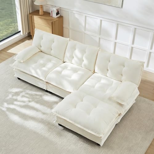 Modular Sectional L-Shaped Sofas,Roomy 3 Seater Sofa Couch with Ottoman,107.8" Chenille Cloud Couches,Modern Tufted Corner Sofa Set for Living Room - color: Beige, size: 3+1