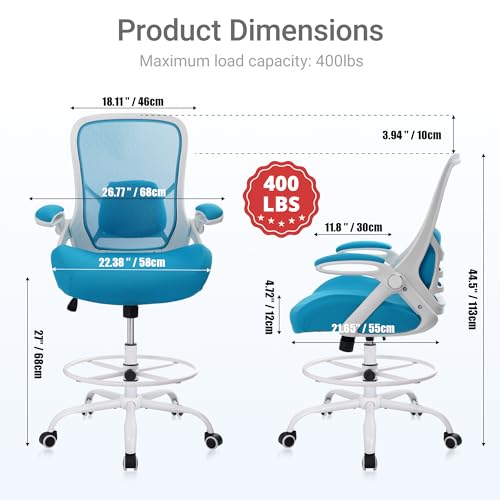 400lbs Heavy Duty Drafting Chair 5" Thickened Seat Office Chair with Flip-Up Armrests Tall Ergonomic Computer Chair with Lumbar Support and Adjustable Footrest Ring Standing Desk Chair (Blue) - color: Blue