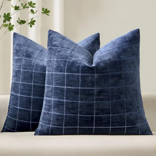 MIULEE Navy Blue Plaid Decorative Throw Pillow Covers 18x18 Set of 2 | Vintage, Check Chenille Couch Pillows, Neutral Boho Farmhouse Cushion Covers, Modern Home Decor for Sofa Bed Living Room - color: Navy Blue, size: 18" x 18" (Pack of 2)