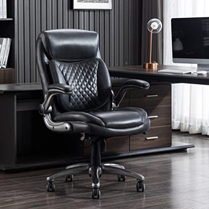 Amazon Basics Ergonomic Executive Office Chair with Adjustable Lumbar Support, Flip-up Arms, Height Adjustable, 360° Rolling Swivel, Computer Desk Chair, Grey Leather - color: Grey