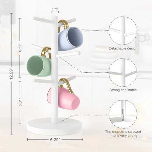 Bamboo Coffee Mug Tree with 6 Hooks, White Coffee Cup Holder for Countertop | Decorative Bamboo Mug Holder with 6 Hooks, Non-Slip Wooden Base, Easy-Access Mug Rack for Kitchen Coffee Bars Kitchen - color: White (6 Hooks)