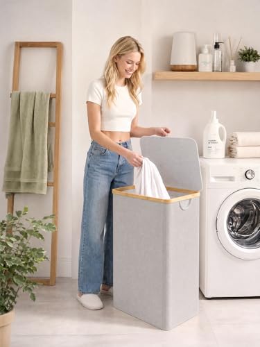 IEGrow Laundry Hamper with Lid,110L Laundry Basket with Mesh Bag,Light Grey | Dirty Clothes Hamper Basket with Bamboo Handle for Clothes Towels - color: Light Grey, size: 110L