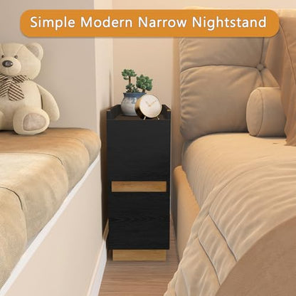 Narrow Night Stands, Modern Slim Nightstand Set of 2, Wooden Skinny Bedside Table 2 Drawers, Stackable Narrow Side Table with Drawers for Small Spaces, Bedroom, Living Room, Black - color: Black (2pcs)
