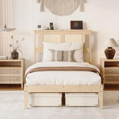 VINGLI Rattan Twin Bed Frame with Headboard,Boho Bed Frame with Underbed Storage and Charging Ports for Bedroom,Solid Wooden Slats Support,Noise-Free,Natural - size: Twin
