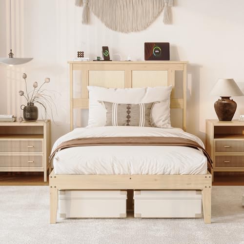VINGLI Rattan Twin Bed Frame with Headboard,Boho Bed Frame with Underbed Storage and Charging Ports for Bedroom,Solid Wooden Slats Support,Noise-Free,Natural - size: Twin