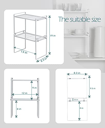 Shantton 2pk Kitchen Cabinet Shelf Counter Organizer Rack Pantry Storage Bathroom Bedroom Office Table Desk Space Saving Steel Frame Stackable Rust Resistant Non Slip White-Tall- L13in W8.3in H9.5in | 2-Pack Stackable Metal Riser Holds 40LBS with Non-Slip