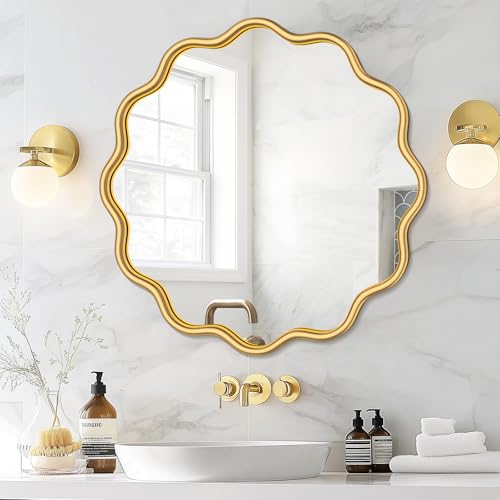 PROHOMEWARE Gold Round Mirror 24 Inch Wavy Bathroom Vanity Mirror Gold Frame Modern Wall Mirror Decorative Wall-Mounte Anti-Rust, Tempered Glass - color: Gold, size: 24"L x 24"W