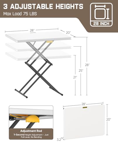 FanttikOutdoor Small Folding Table Quick Adjust 3 Heights, TV Tray, Dining | 2-Second One-Handed Adjustable Height, Foldable Laptop Desk, Lowering Lever, No Assembly, 28 inch, White Zeta X1 Apex