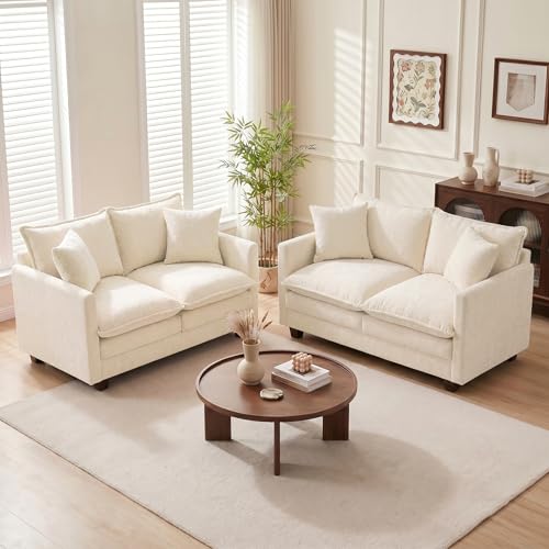 Loveseat Sofa Couch 2 Piece Set, Small Compact 50" Love Seat 27" Deep Cloud Sofa Set Washable Chenille Pillow Living Room Set for Apartment Office 50-Beige-2+2 - color: Beige, size: 50"+50"