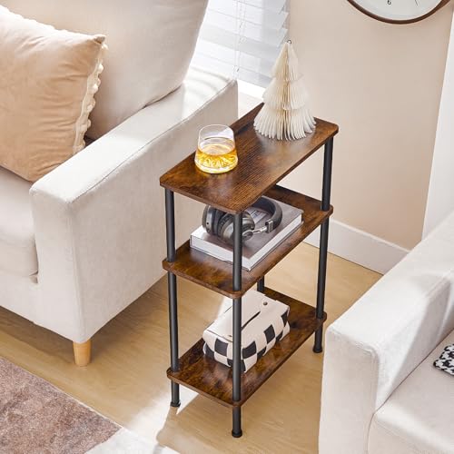 HOOBRO Narrow Side Table, 3-Tier Slim End Table No Tools Needed, Twist-On Assembly, Skinny Nightstand Sofa Storage Shelf for Living Room, Bedroom, Study, Rustic Brown and Black BF246BZ01N1 - color: Rustic Brown + Black