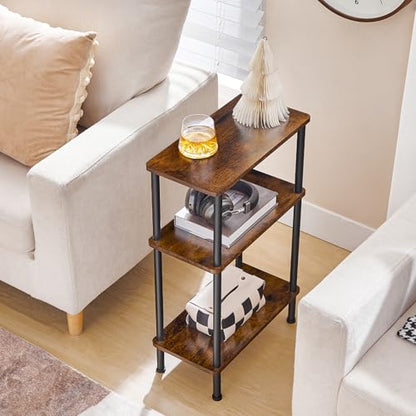 HOOBRO Narrow Side Table, 3-Tier Slim End Table No Tools Needed, Twist-On Assembly, Skinny Nightstand Sofa Storage Shelf for Living Room, Bedroom, Study, Rustic Brown and Black BF246BZ01N1 - color: Rustic Brown + Black