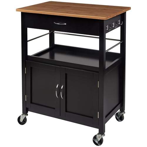 Kitchen Island Cart on Wheels, Black Base, Natural Bamboo Top | Drawer, Storage Cabinet, Shelf, Butcher Block - color: Black Base
