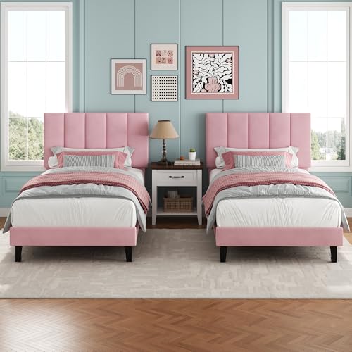 Garvee Twin Size Bed Frame with Upholstered Headboard for Kids, Pink | Fully Velvet Upholstered Mattress Foundation with Height Adjustable Headboard, No Box Spring Needed, Easy Assembly - color: Pink, size: Twin