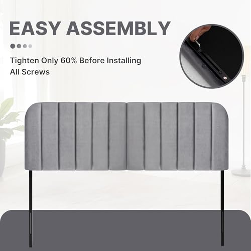 Queen Headboard Only - Upholstered Headboard for Bed, Easy Assembly, Velvet Covered Sponge, Place Between Bed & Wall, Adjustable Metal Legs with Non-Slip Pads, Grey - color: Gray, size: Queen