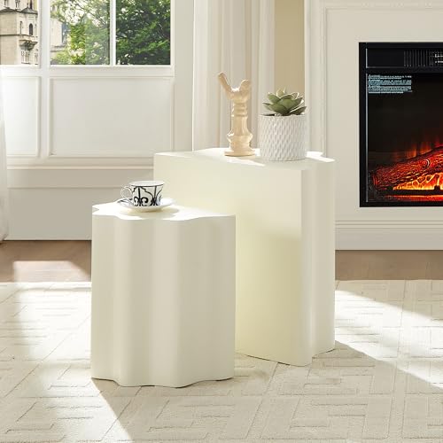 Nesting Coffee Table Set of 2 for Living Room, Modern Circle Center Table with Wavy Edges Design, Accent End Side Table for Small Space, No Need Assembly (Fiberglass, 22.05"+16.93") - color: 22.05"+16.93" Fiberglass, Beige