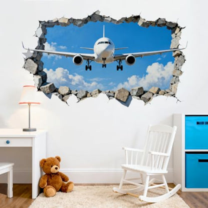 3D Breaking Airplane Wall Decals, Wall Stickers Decor | 2 Sheets 11.8"x37.8" Vinyl Removable Peel and Stick Murals, Plant Decor for Bedroom, Bathroom, Office, Classroom & Home - style: 3D Breaking Airplane