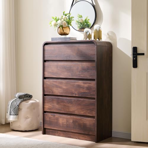 Aitjunz Modern 5 Drawers Dresser for Bedroom, 45" Tall Dressers & Chests of Drawers w/Curved Profile Design, Wood Mid Century Vertical Dresser w/Natural Texture for Bedroom, Living Room, Brown - color: Brown, size: 15.5"D x 29.5"W x 45.3"H (5 Drawers)