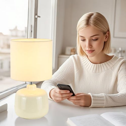 LAMPWELLOSLO Small Ceramic Table Lamp for Living Room and Bedroom,Modern Kids Night Table Lamp,Φ7.09×H13.39IN,Bulb Excluded,Cream - color: Cream