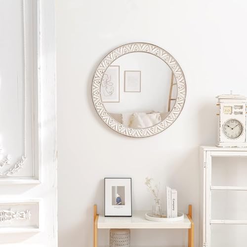 30" Round Wall Mirror, Farmhouse Wooden Frame Circle Mirrors, Rustic Large Decorative Wall Mounted Bathroom Mirror Distressed Hanging Mirrors for Living Room, Bedroom, Entryway, Fireplace, Hall - color: Flower White, size: 30"L x 30"W