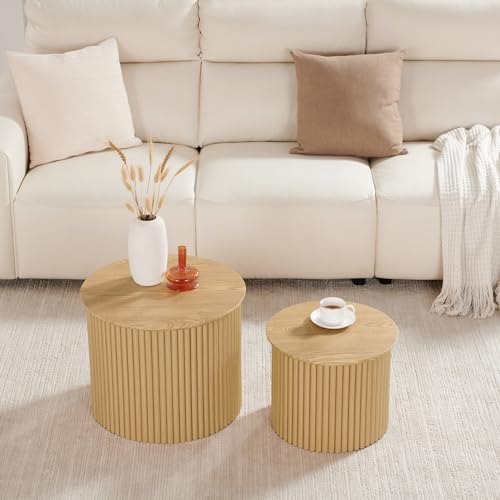Round Nesting Coffee Table Set of 2, Small Fluted Coffee Table Circle Side Table, Boho Modern Wood Nesting Tables Farmhouse End Table Set for Living Room, Bedroom, Small Spaces(Natural) - color: Wood, size: Small-Fluted
