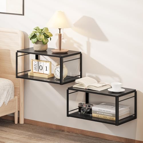 Floating Nightstand Set of 2, Wood Bedside Shelf Wall Mounted Nightstand, Floating Bedside Table for Bedroom, Living Room, Bathroom, Kitchen, Office (Black) - color: Vintage Black-2