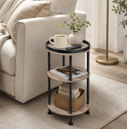 Small Round Side Table, Oak Round End Table for Living Room & Bedroom, Modern 3-Tier Nightstand with Storage Shelf, 11.8" Narrow Accent Table for Small Spaces, Nursery, Plant Stand,Natural Wood Finish - color: Oak, style: Classic
