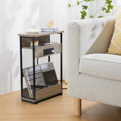 YEAKOO Narrow Side Table with Charging Station, 3-Tier End Table with 2 USB Ports & Power Outlets,Thin Sofa Side Table for Narrow and Small Spaces, Bedside Table Nightstand for Living Room,Oak - color: Oak